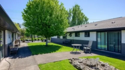 A grassy courtyard with a large tree, a small table with two chairs, a bench, and two buildings with black and white siding