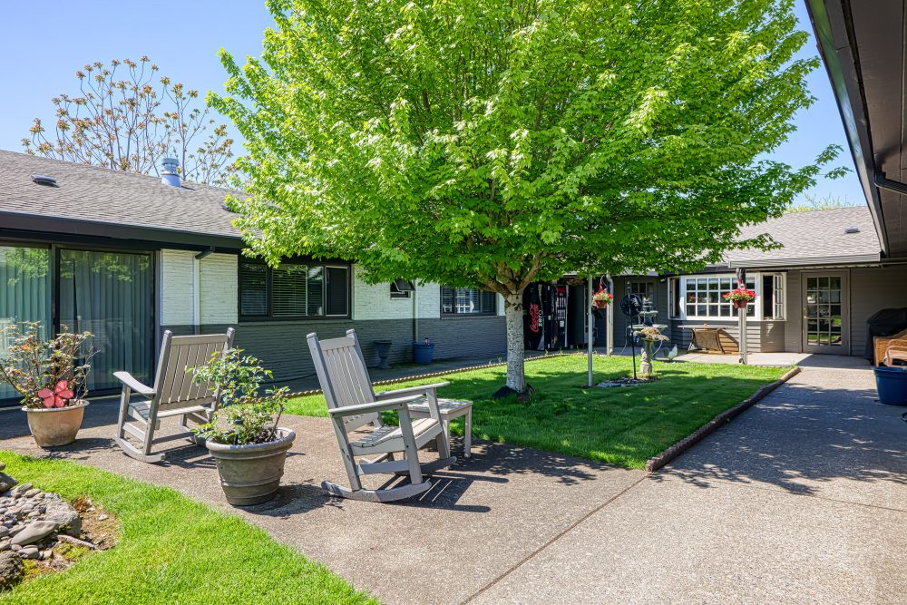 A courtyard area with a large tree, a path, and two white rocking chairs on a patio next to a building